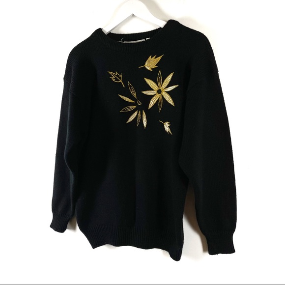 Vintage Black Knit Sweater with Gold Appliqué - Picture 2 of 6